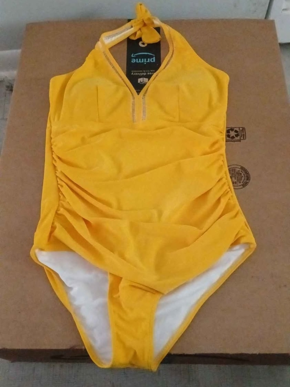 Essentials Women's Yellow Halter One-Piece Swimsuit with Front Zip